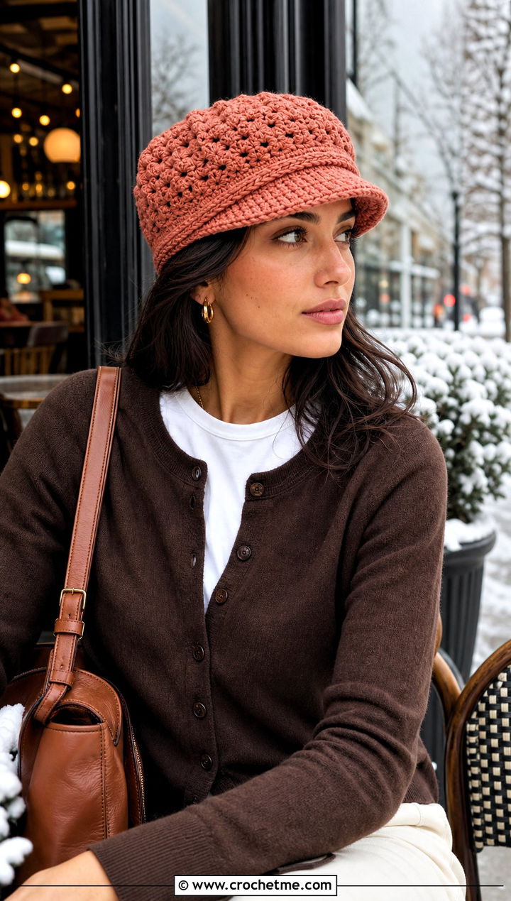 Crochet Newsboy Cap With Cardigan And Jeans - 15 diy crochet winter hat outfit ideas