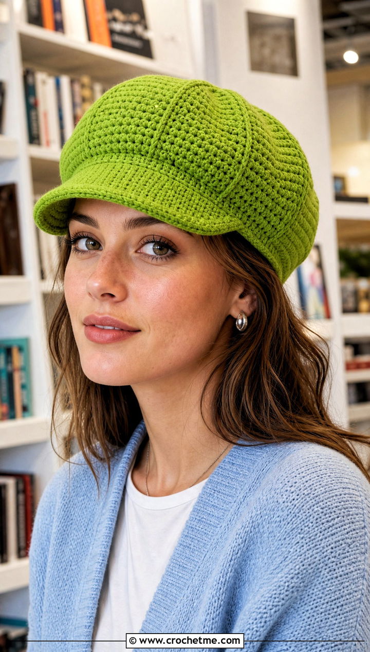 Crochet Newsboy Cap With Cardigan And Straight Jeans - 15 Easy Crochet Hats For Women outfit ideas