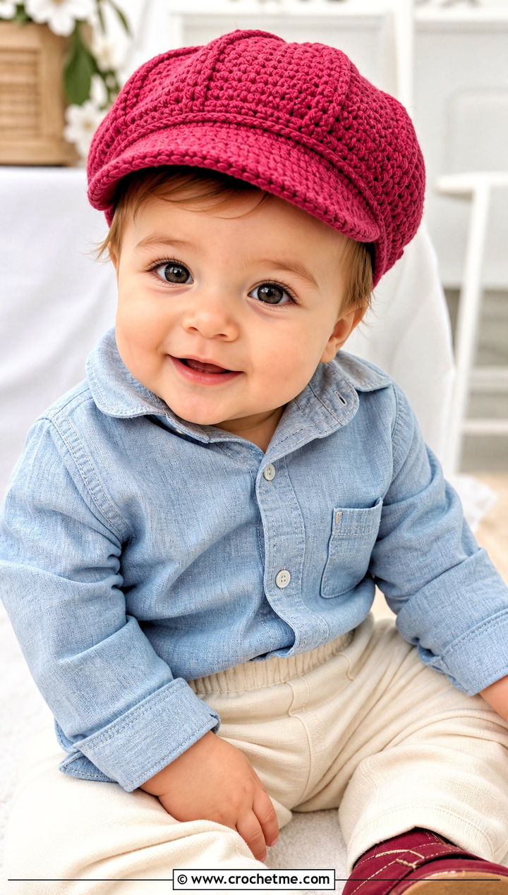 Crochet Newsboy Cap With Chambray Shirt Outfit - 15 12 month old crochet hat outfit ideas
