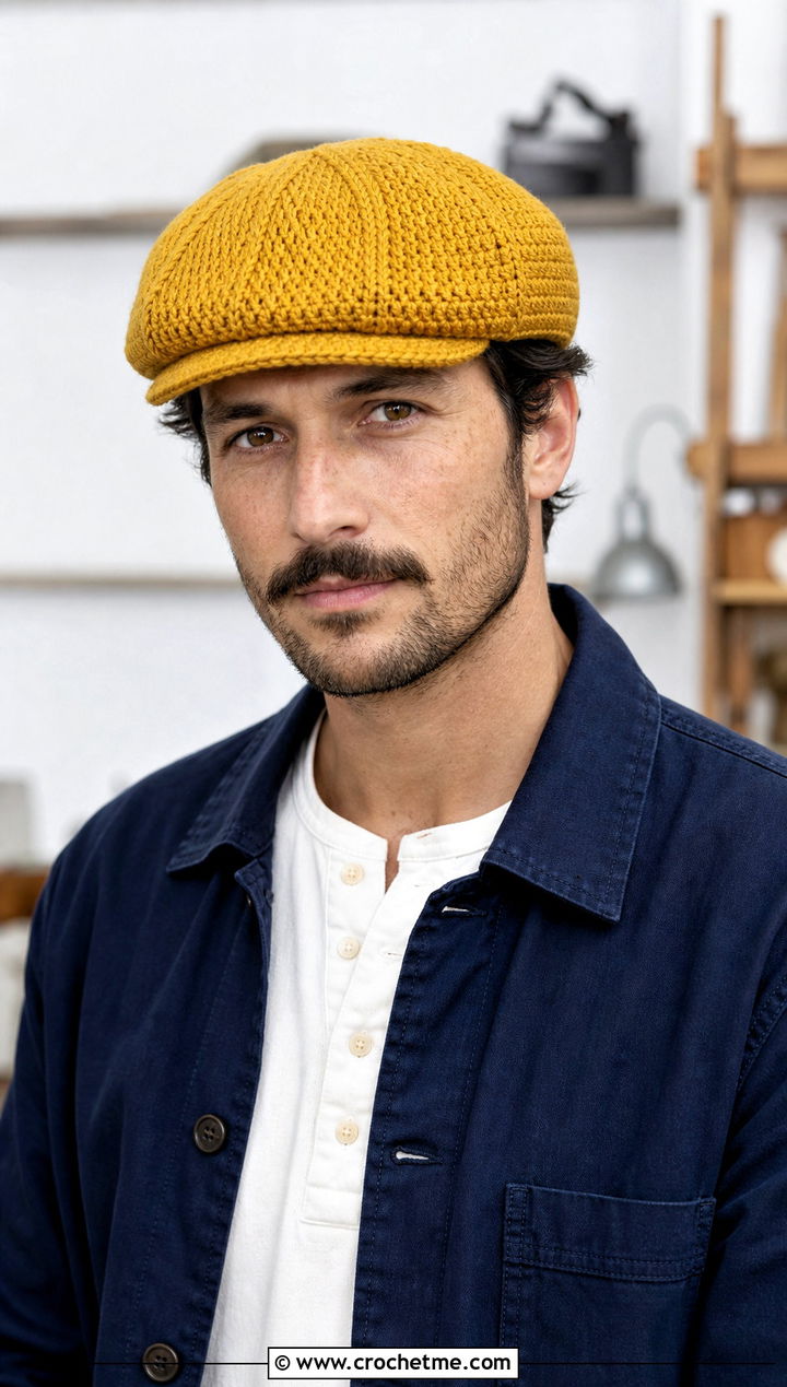 Crochet Newsboy Cap With Chore Suit And Henley Shirt - 30 men's crochet hats outfit ideas