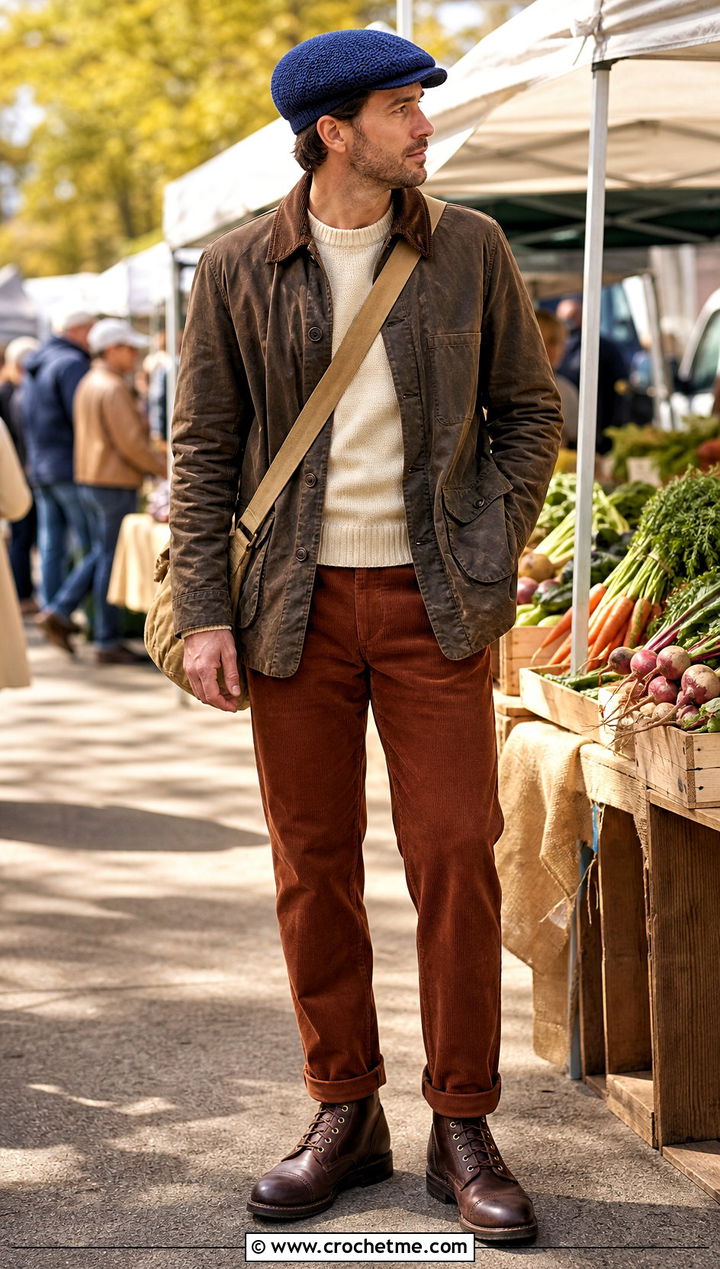 Crochet Newsboy Cap With Heritage Jacket - 35 crochet hats men outfit ideas