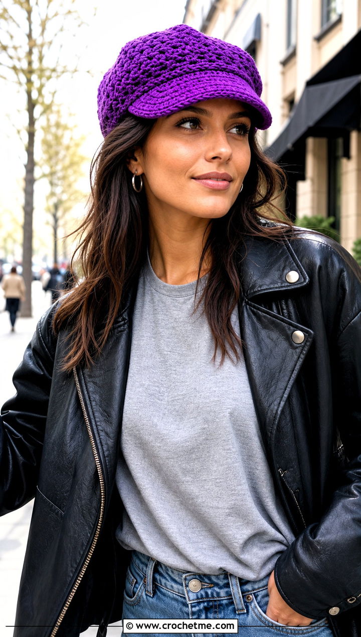 Crochet Newsboy Cap With Leather Jacket - 15 Crochet Hats All Sizes outfit ideas