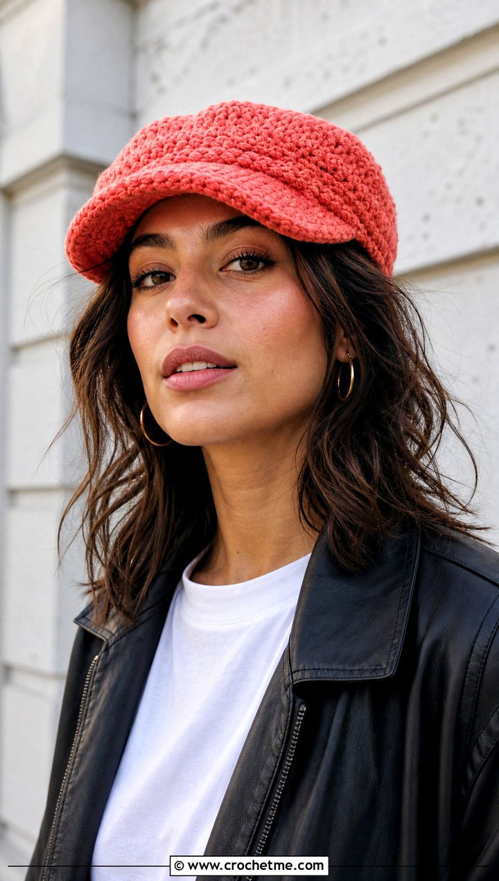 Crochet Newsboy Cap With Leather Jacket - 30 aesthetic crochet hat ideas