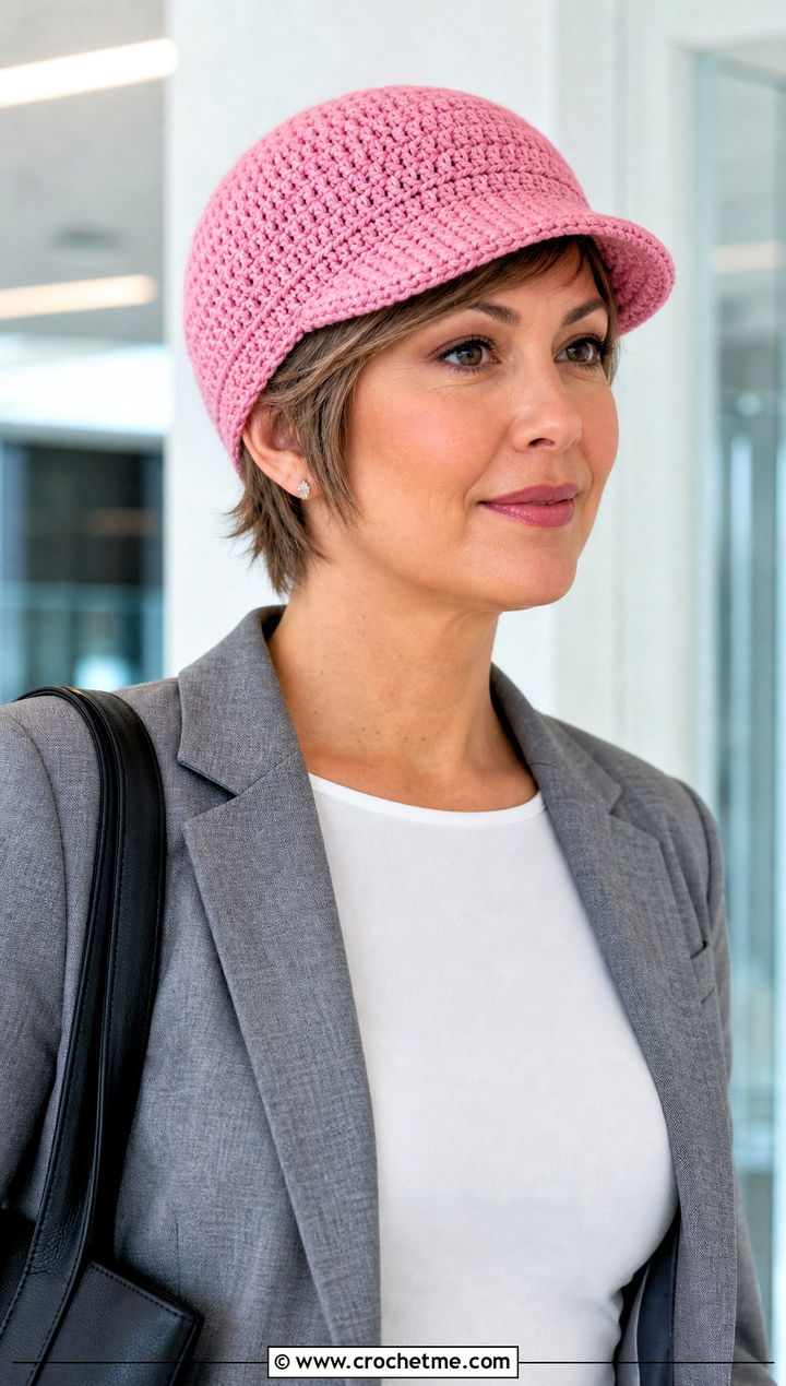 Crochet Newsboy Cap With Pixie Hair And Blazer - 15 crochet chemo hat with hair outfit ideas
