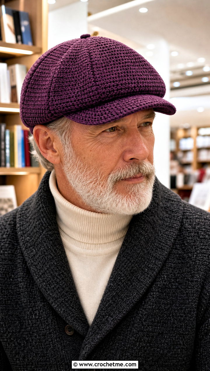 Crochet Newsboy Cap With Shawl Cardigan - 25 crocheted mens hats outfit ideas