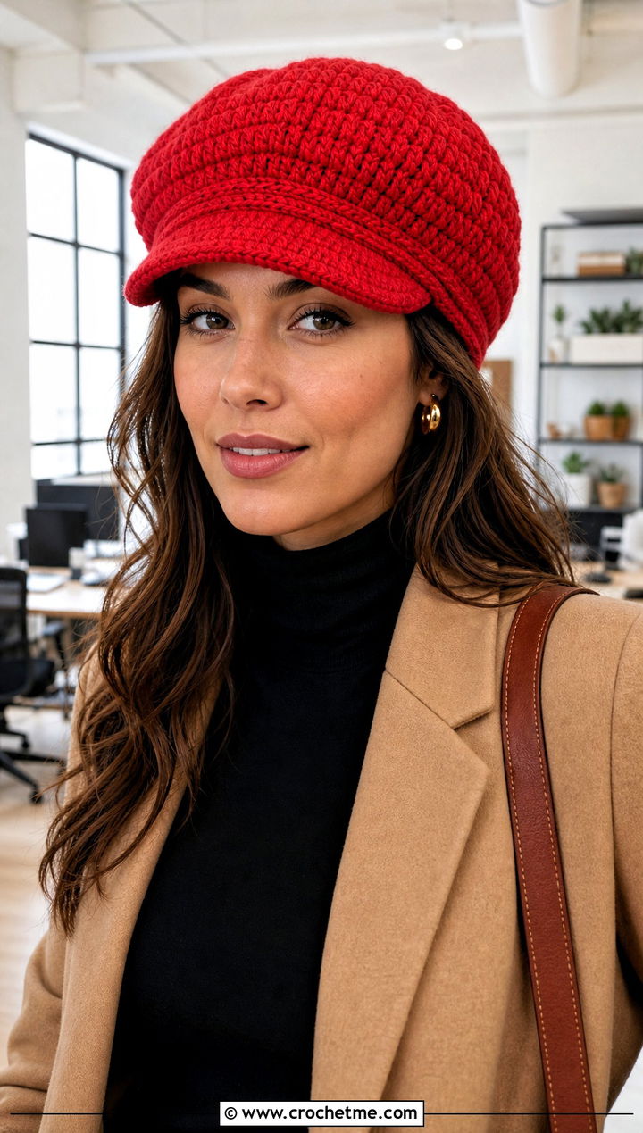 Crochet Newsboy Cap With Smart Casual Outfit - 25 Cute Crochet Hats outfit ideas