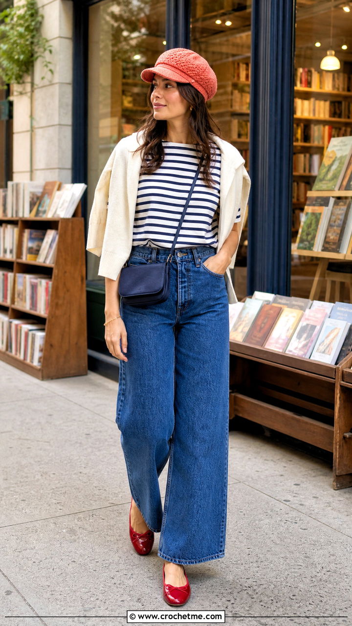 Crochet Newsboy Cap With Striped Tee - 35 crochet summer hats outfit ideas