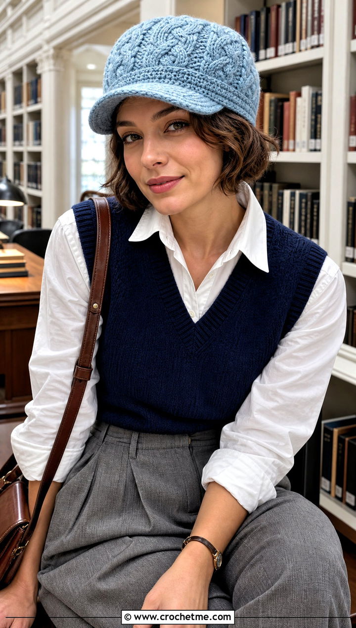 Crochet Newsboy Cap With Sweater Vest - 30 Women Crochet Hats outfit ideas