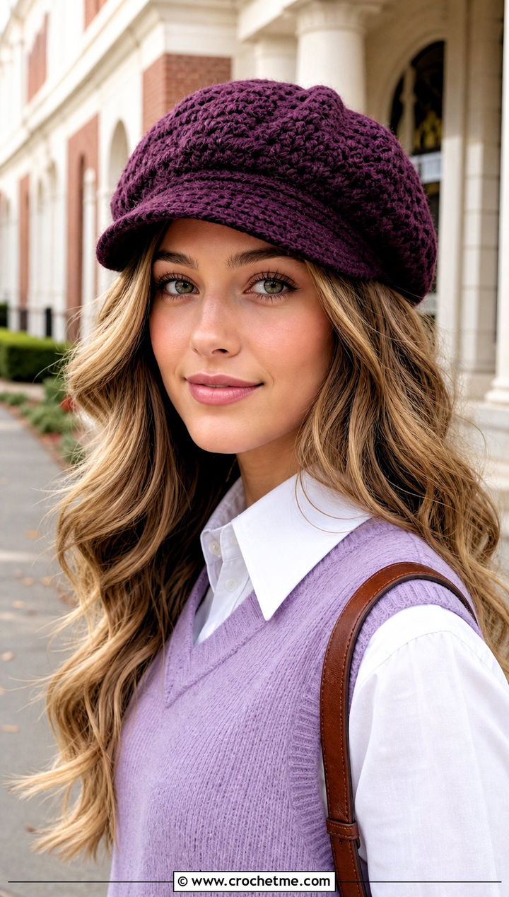 Crochet Newsboy Cap With Sweater Vest Outfit - 20 Easy Crochet Womens Hat outfit ideas