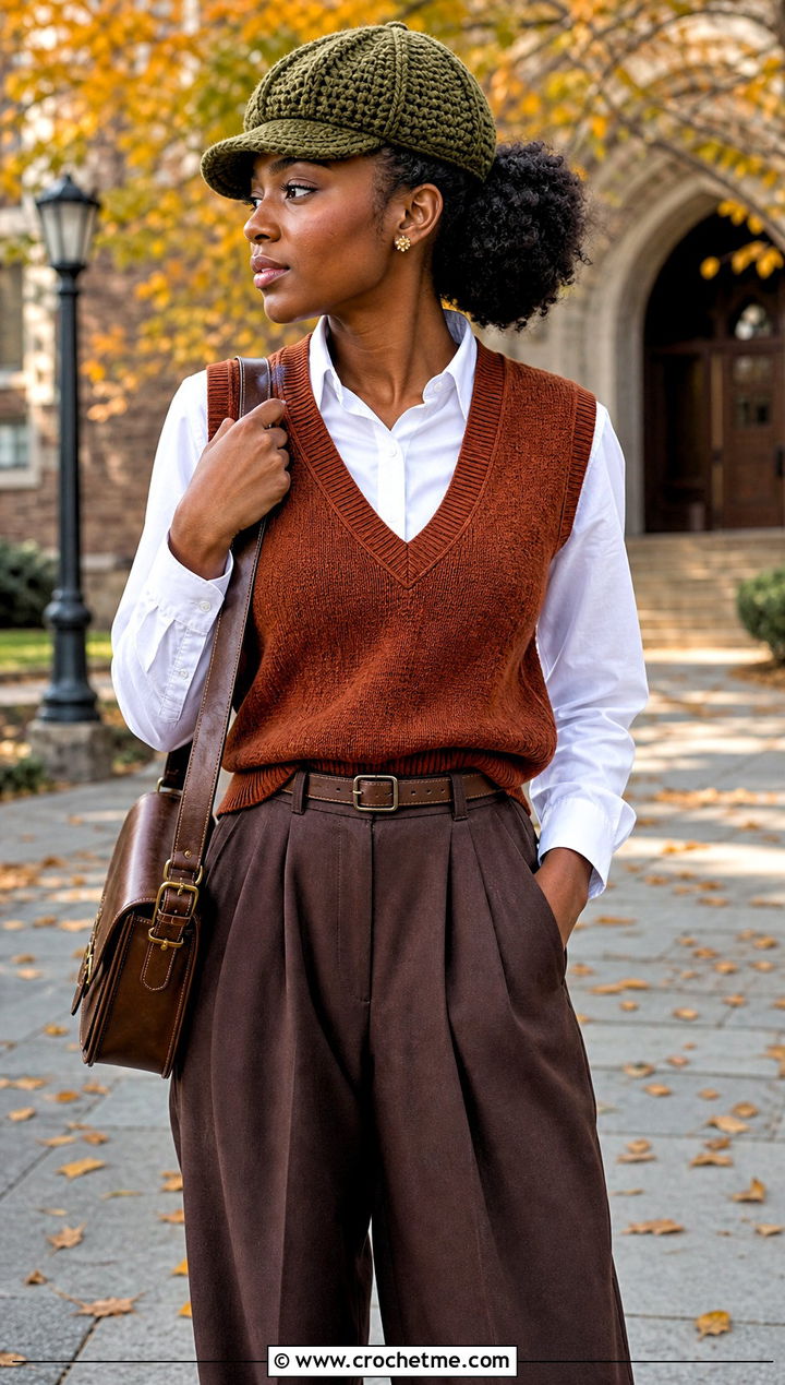 Crochet Newsboy Cap With Sweater Vest - 30 crochet hats black women outfit ideas