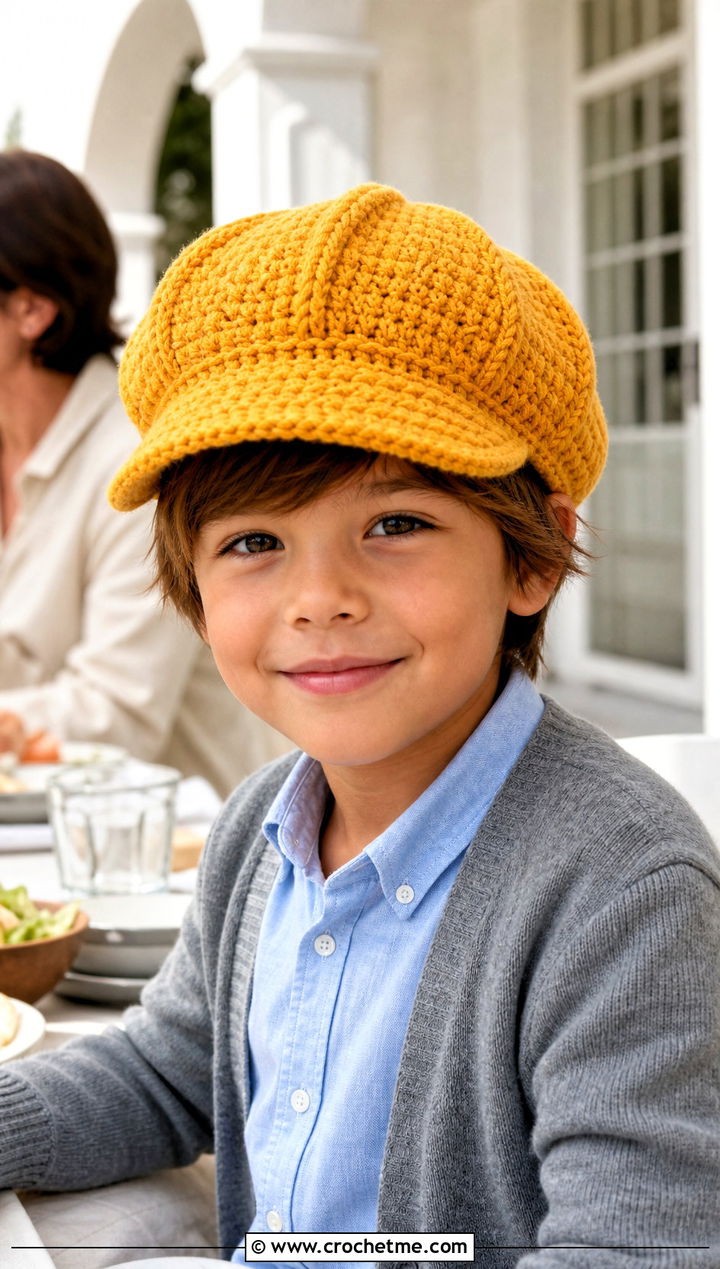 Crochet Newsboy Cap With Tailored Trousers - 25 crochet childs hat outfit ideas
