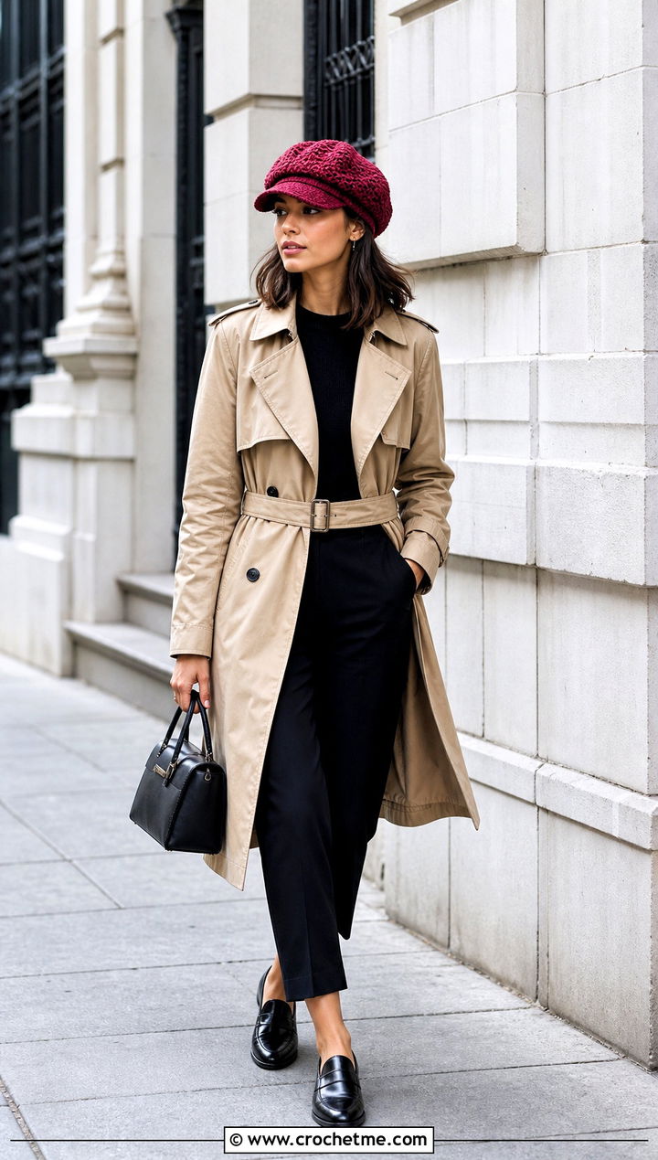 Crochet Newsboy Cap With Trench Coat - 35 Crochet Hat Inspo outfit ideas