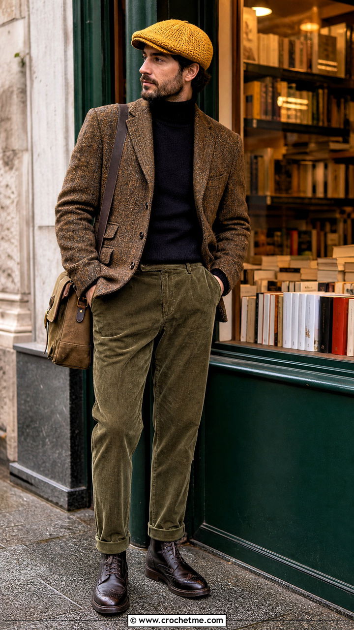 Crochet Newsboy Cap With Tweed Jacket And Corduroy Pants - 35 crochet hat for men outfit ideas