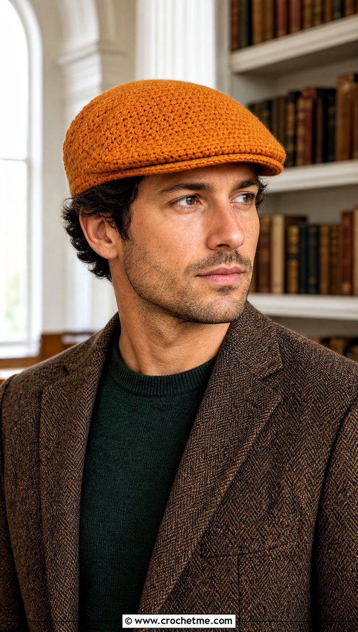 Crochet Newsboy Cap With Tweed Jacket - 30 men crochet hat outfit ideas