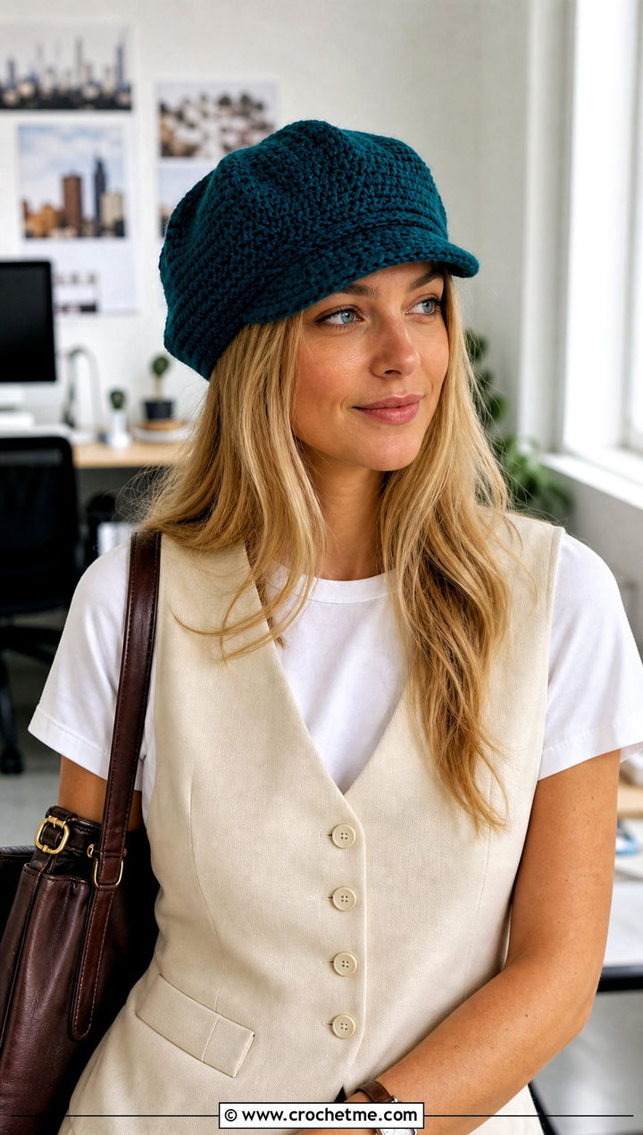 Crochet Newsboy Cap With Vest And Pleated Trousers - 15 Modern Crochet Hat outfit ideas