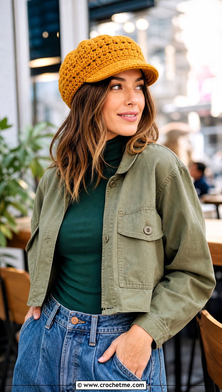Crochet Newsboy Cap With Wide Leg Jeans - 35 one piece crochet hat outfit ideas