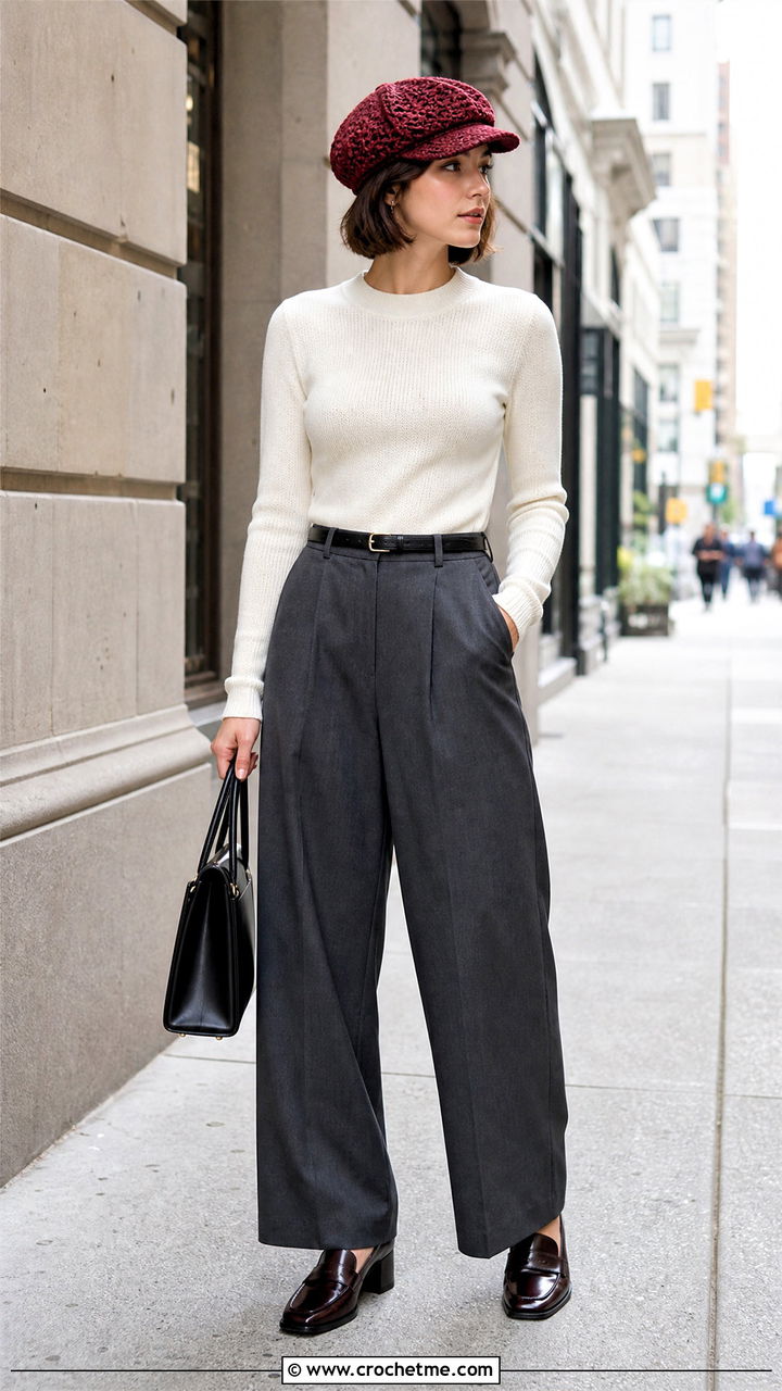 Crochet Newsboy Cap With Wide Leg Trousers - 35 Crochet Hats For Women outfit ideas