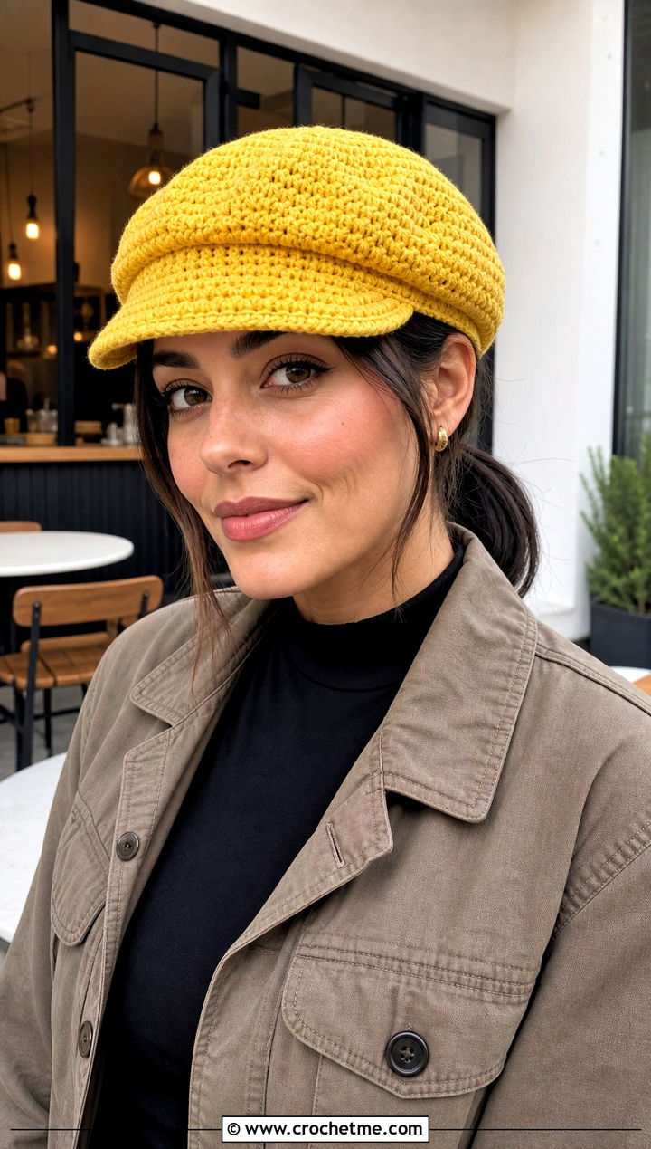 Crochet Newsboy Cap With Wide Leg Trousers - 20 Cool Crochet Hat Ideas