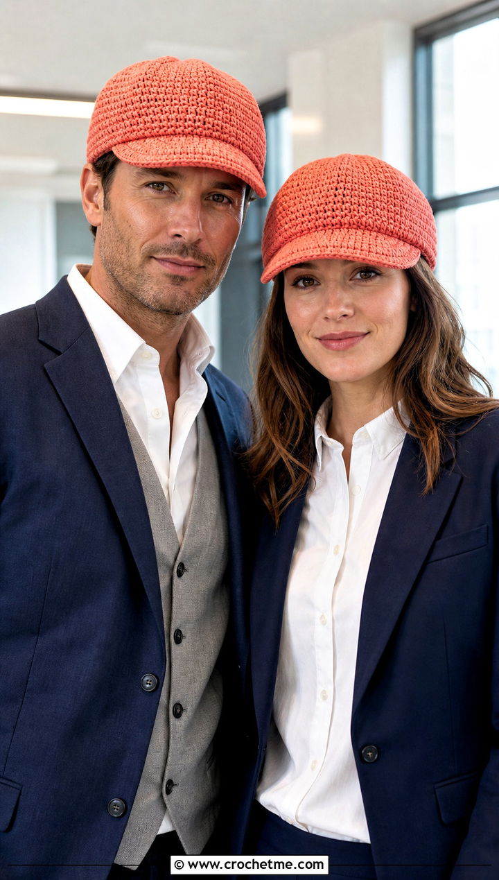 Crochet Newsboy Caps With Workwear Outfits - 15 Couples Crochet Hats outfit ideas