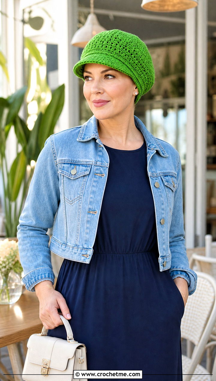 Crochet Newsboy Chemo Cap With Midi Dress - 20 Easy Crochet Chemo Hats outfit ideas