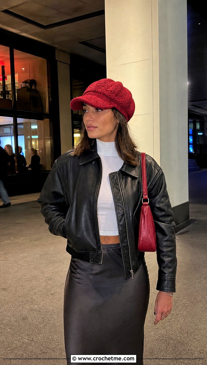 Crochet Newsboy Hat With Leather Jacket - 20 Kawaii Crochet Hat outfit ideas