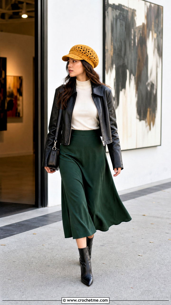 Crochet Newsboy Hat With Leather Jacket And Midi Skirt - 35 crochet hat for women outfit ideas