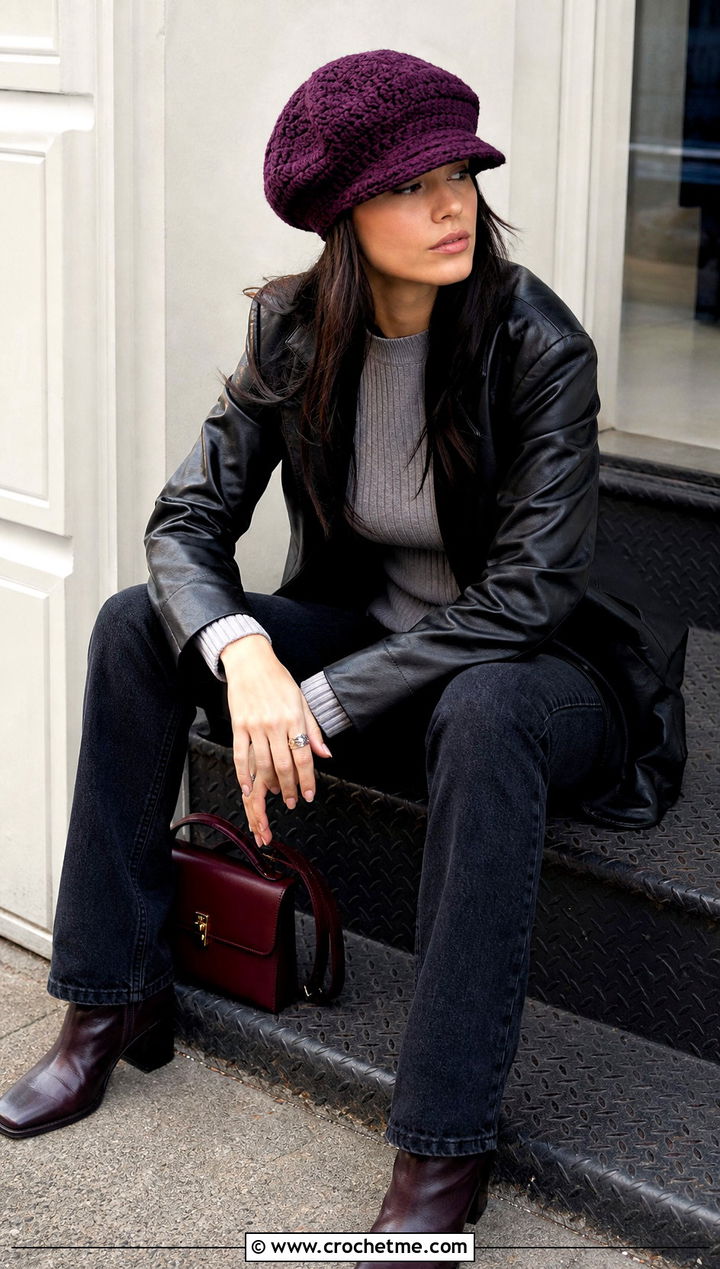 Crochet Newsboy Hat With Leather Jacket - 25 Crochet Hats With Brim outfit ideas