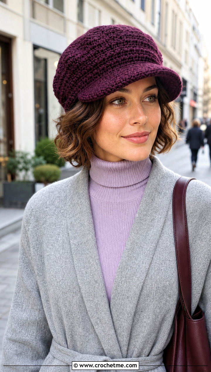 Crochet Newsboy Hat With Long Cardigan - 20 Warm Crochet Hat outfit ideas