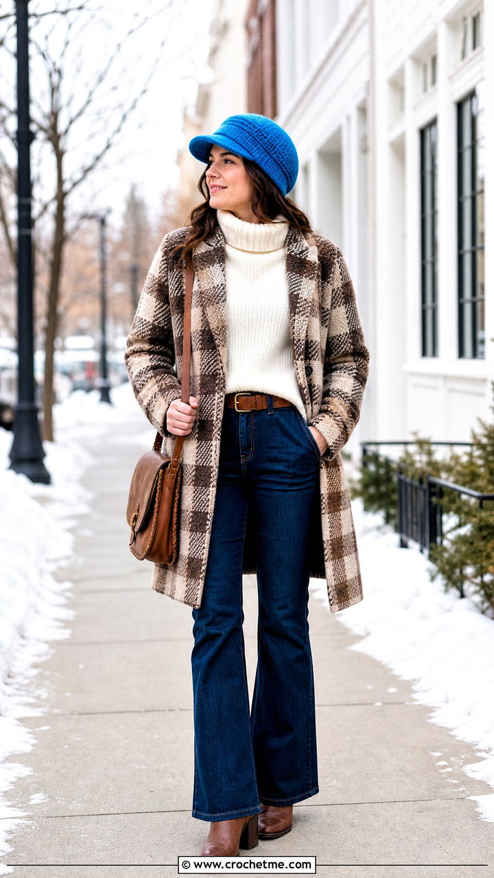 Crochet Newsboy Hat With Plaid Coat - 35 crochet winter hats outfit ideas