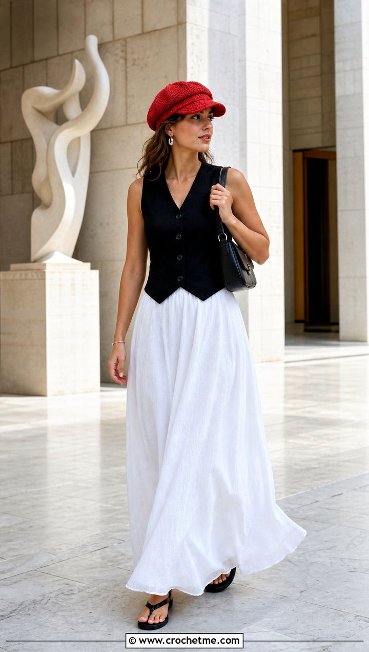 Crochet Newsboy Hat With Vest And Maxi Skirt - 35 summer crochet hat outfit ideas