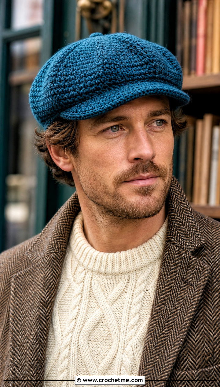 Crochet Newsboy Winter Hat With Tweed Coat - 25 Crochet Mens Winter Hat outfit ideas