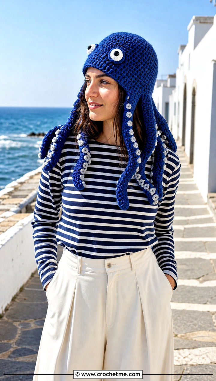 Crochet Octopus Hat With Striped Top And Wide Trousers - 25 Crochet Silly Hats outfit ideas