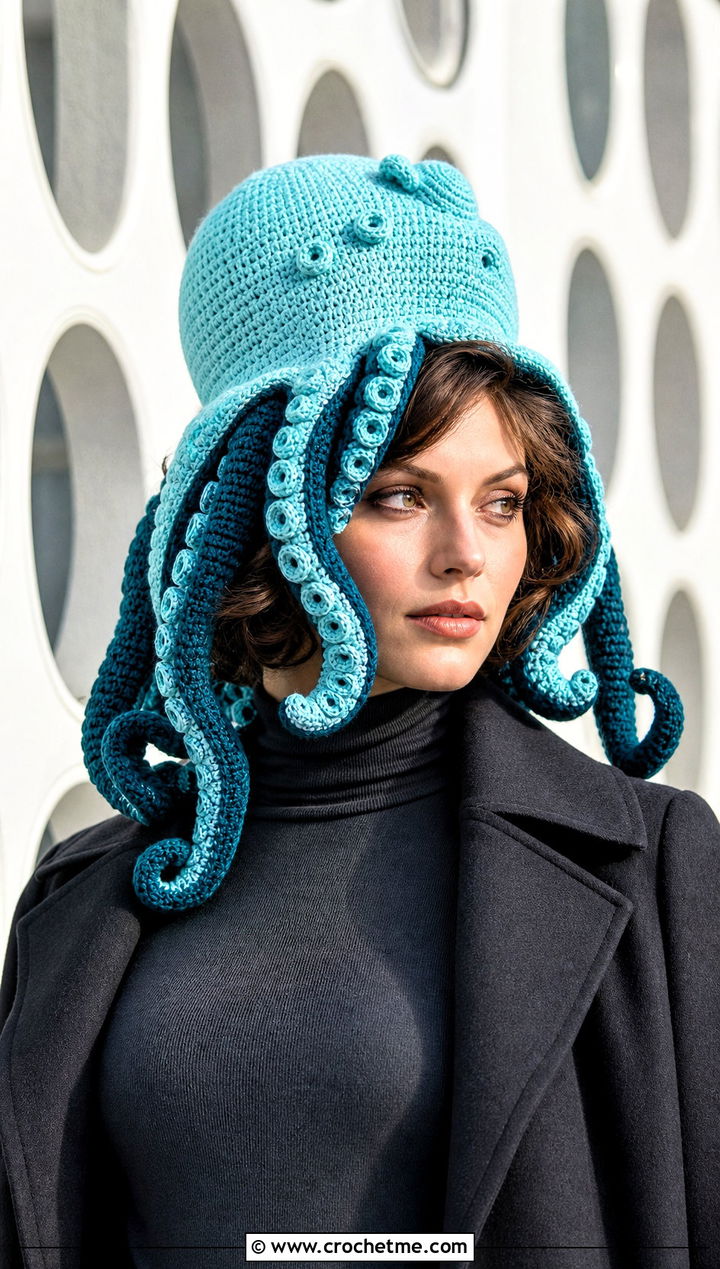 Crochet Octopus Tentacle Hat With Maxi Coat - 20 Crochet Character Hat outfit ideas