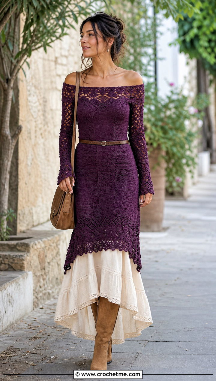 Crochet Off Shoulder Dress With Western Boots - 25 Crochet Top Dress outfit ideas