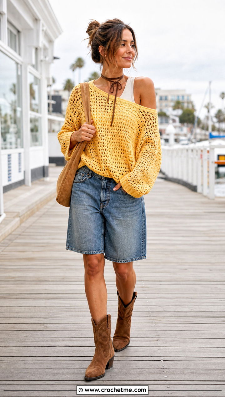 Crochet Off Shoulder Sweater With Denim Shorts - 25 coquette crochet clothes and outfit ideas