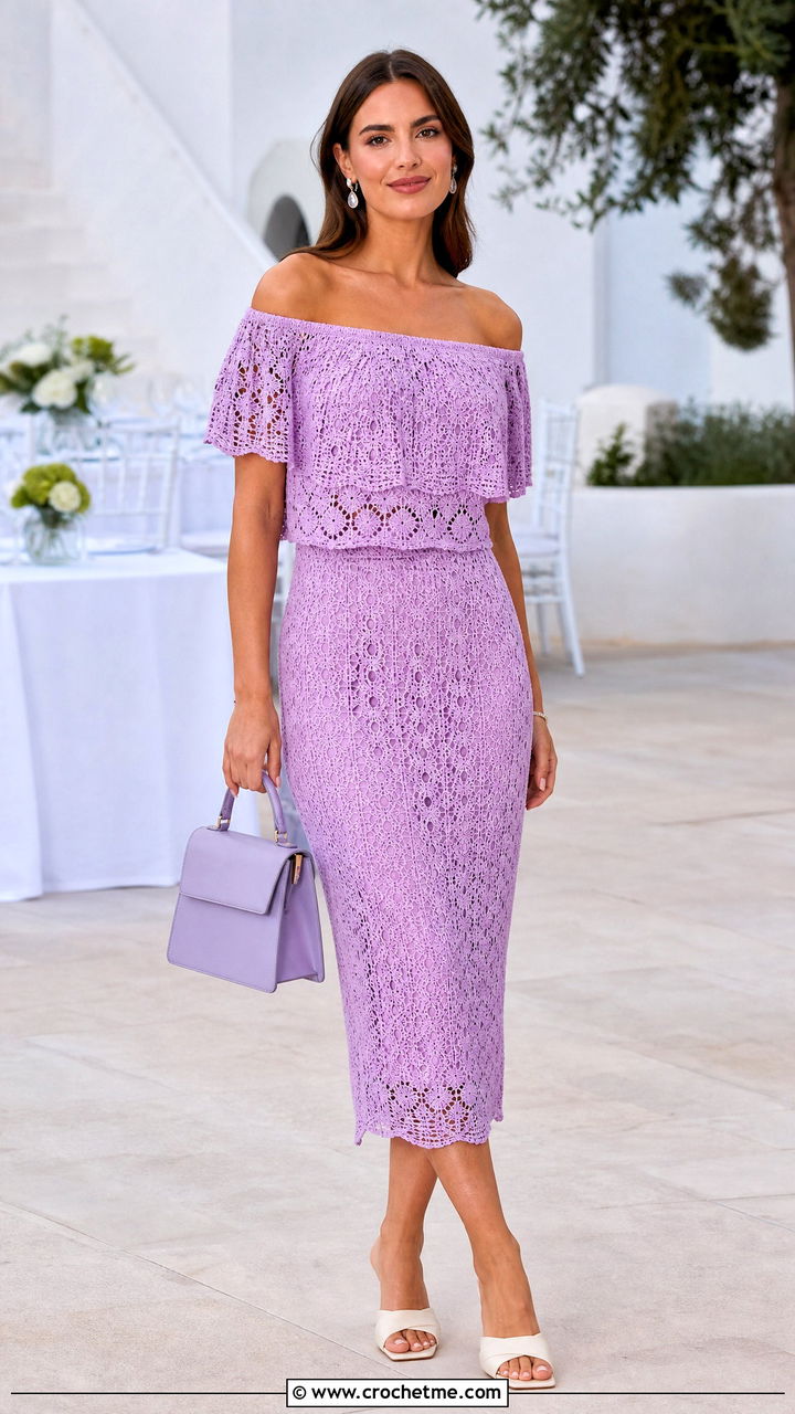 Crochet Off Shoulder Top And Midi Skirt With Mules - 35 crochet two piece outfit ideas