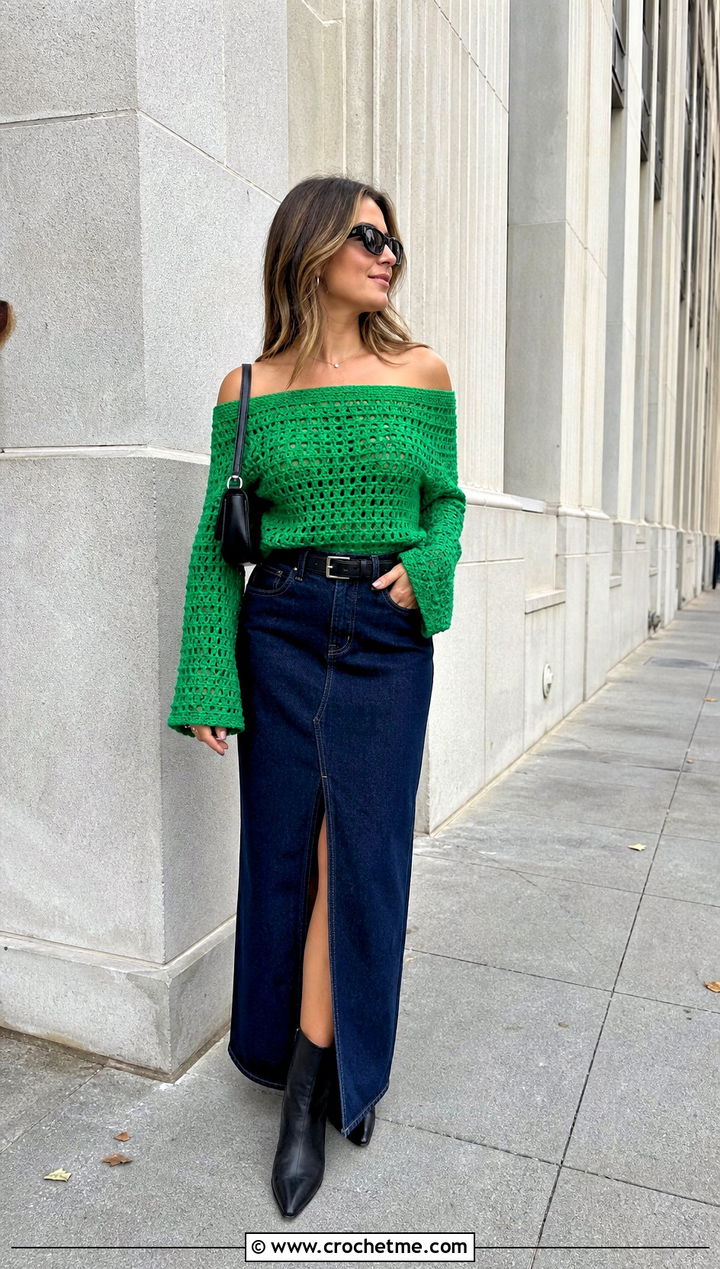 Crochet Off Shoulder Top With A Denim Maxi Skirt - 20 different types of crochet tops outfit ideas
