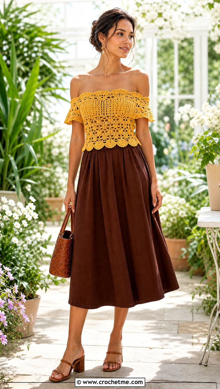 Crochet Off Shoulder Top With A Line Midi Skirt - 25 Crochet Spring Top outfit ideas