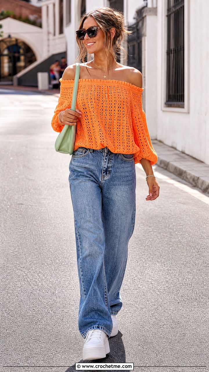 Crochet Off Shoulder Top With Baggy Jeans - 35 crochet festival top outfit ideas