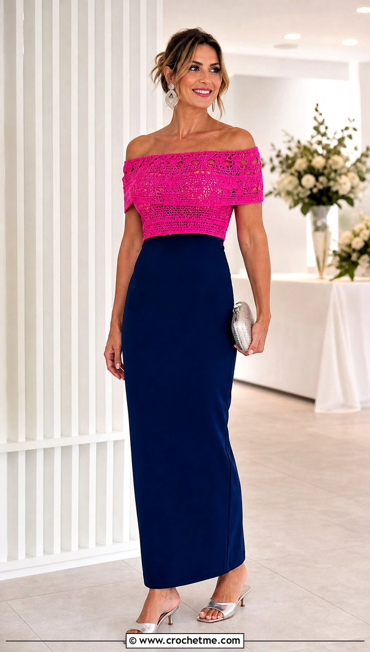 Crochet Off Shoulder Top With Column Skirt - 15 Crochet Lady Tops outfit ideas