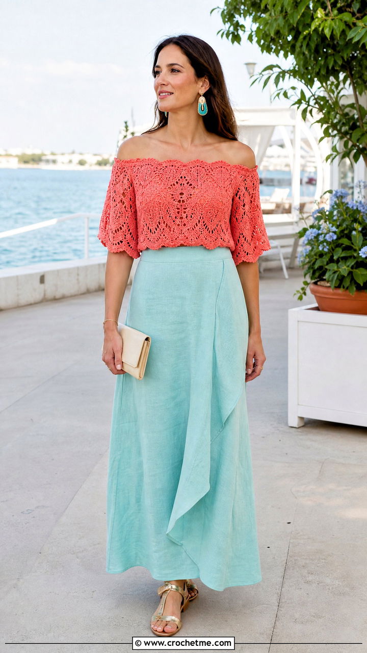 Crochet Off Shoulder Top With Linen Maxi Skirt - 35 crochet summer tops for women outfit ideas