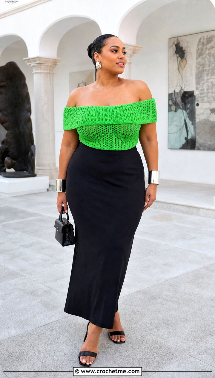 Crochet Off Shoulder Top With Maxi Skirt - 30 big bust crochet tops outfit ideas