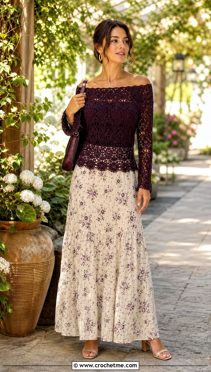 Crochet Off Shoulder Top With Printed Maxi Skirt - 30 crochet top and long skirt outfit ideas