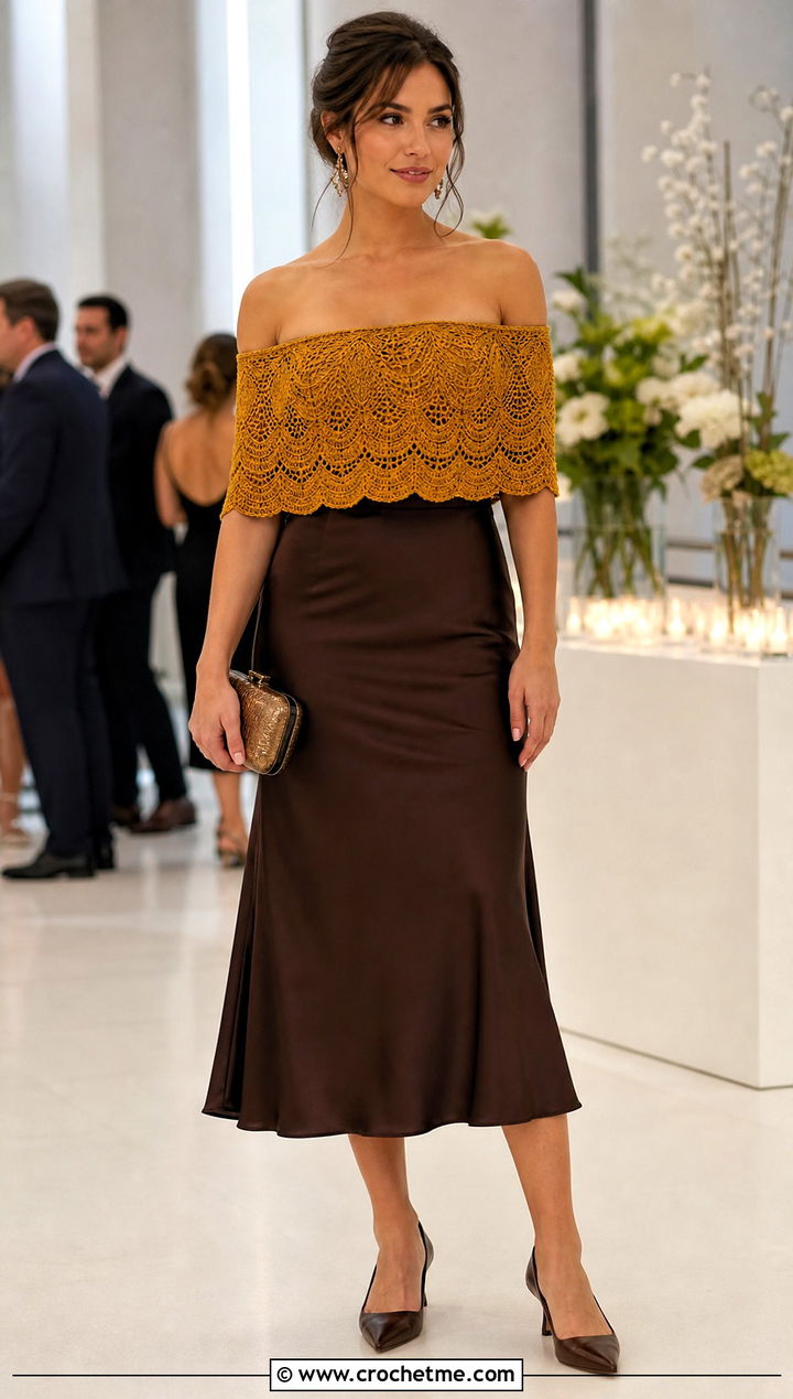 Crochet Off Shoulder Top With Satin Midi Skirt - 30 crochet knitted top outfit ideas