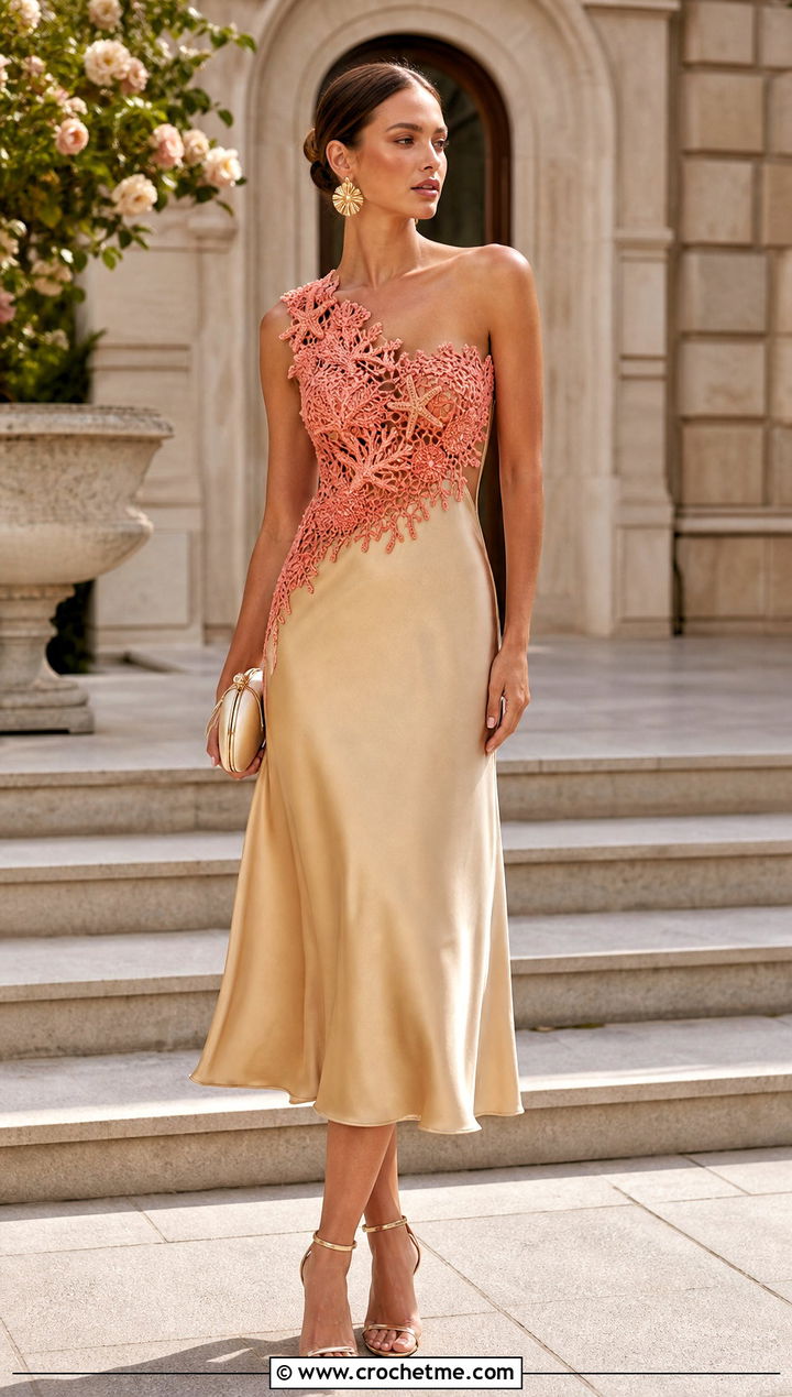 Crochet One Shoulder Dress With Metallic Sandals - 25 Crochet Top Dress outfit ideas