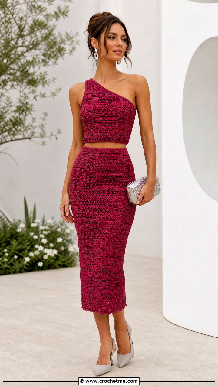 Crochet One Shoulder Top And Midi Skirt Set With Slingbacks - 35 crochet set outfit ideas