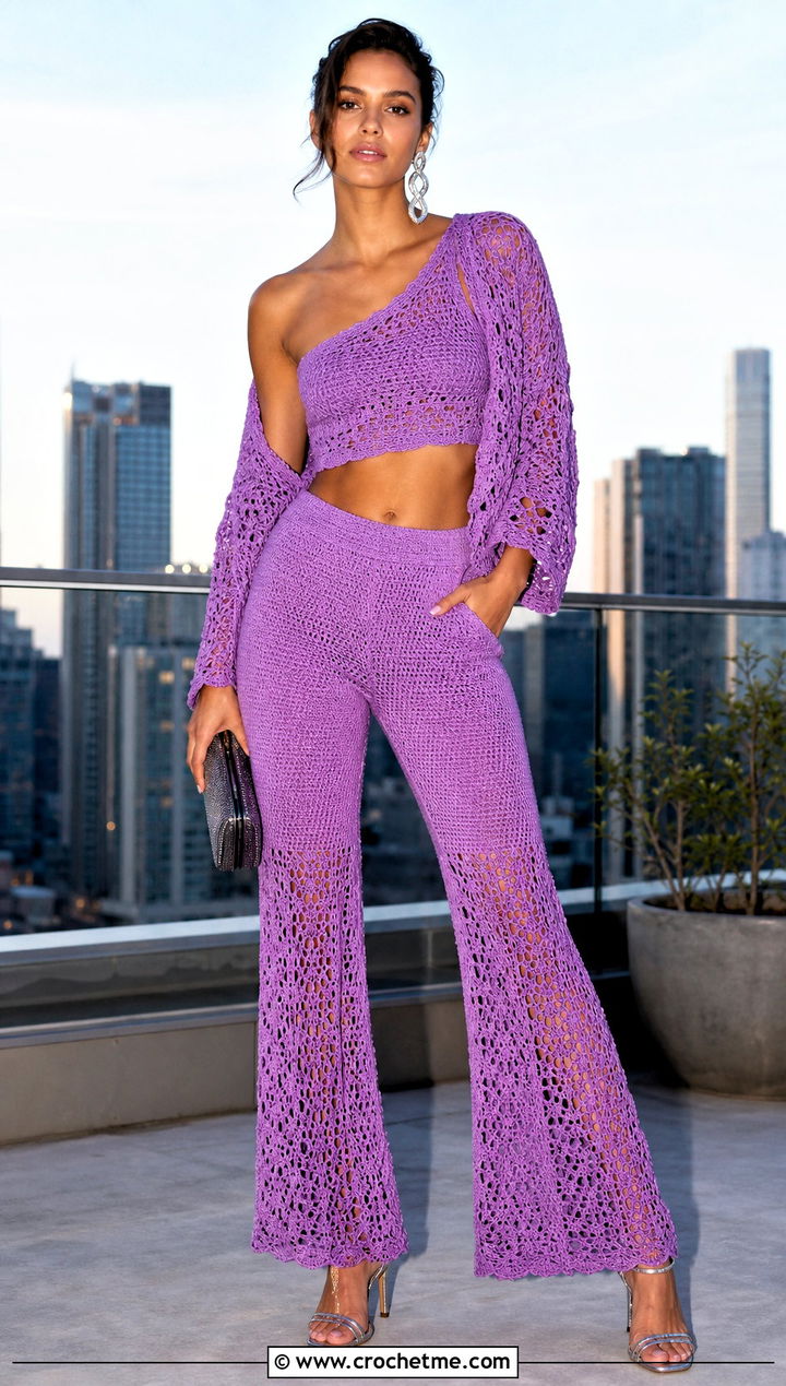Crochet One Shoulder Top Pants And Shrug Set With Heels - 25 crochet three piece outfit ideas