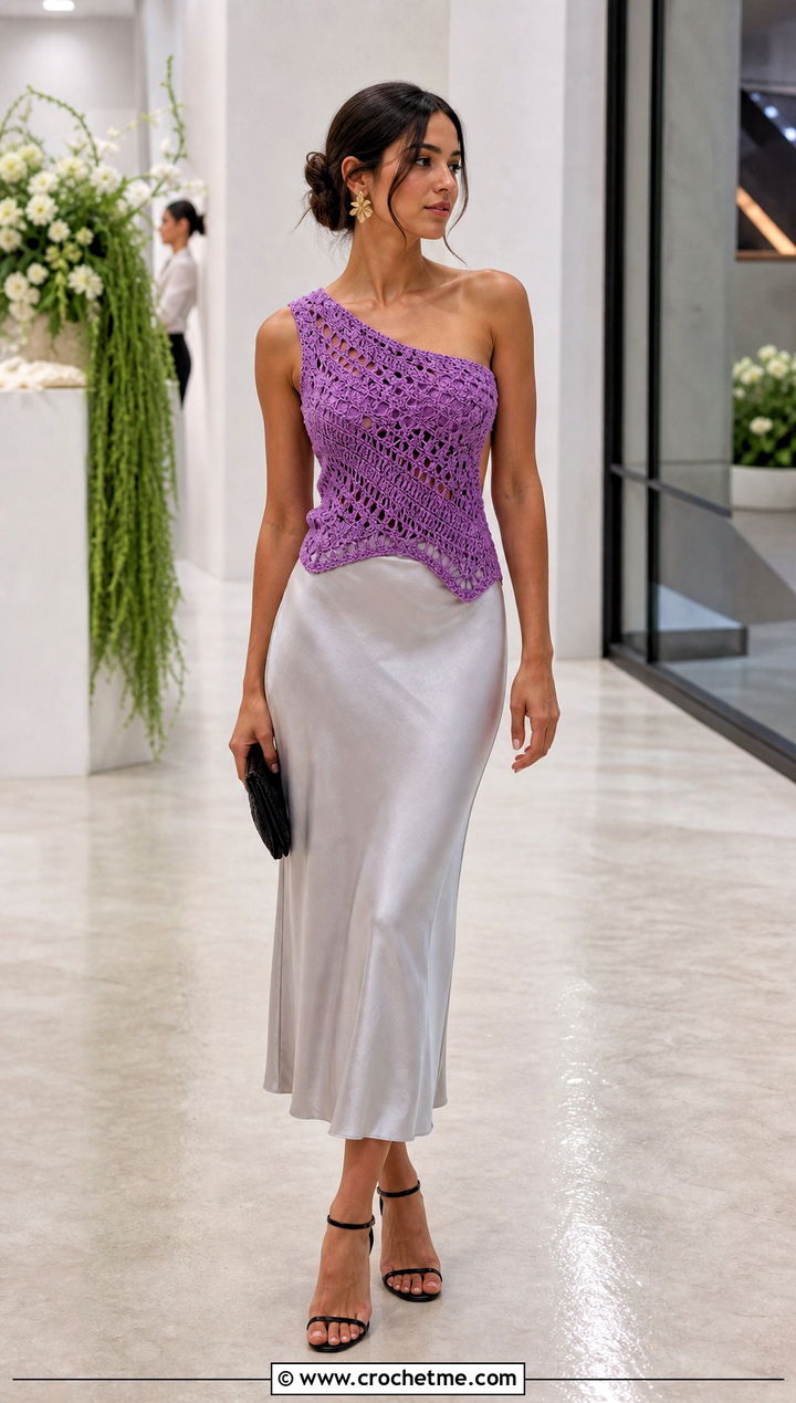 Crochet One Shoulder Top With A Bias Cut Midi Skirt - 20 different types of crochet tops outfit ideas