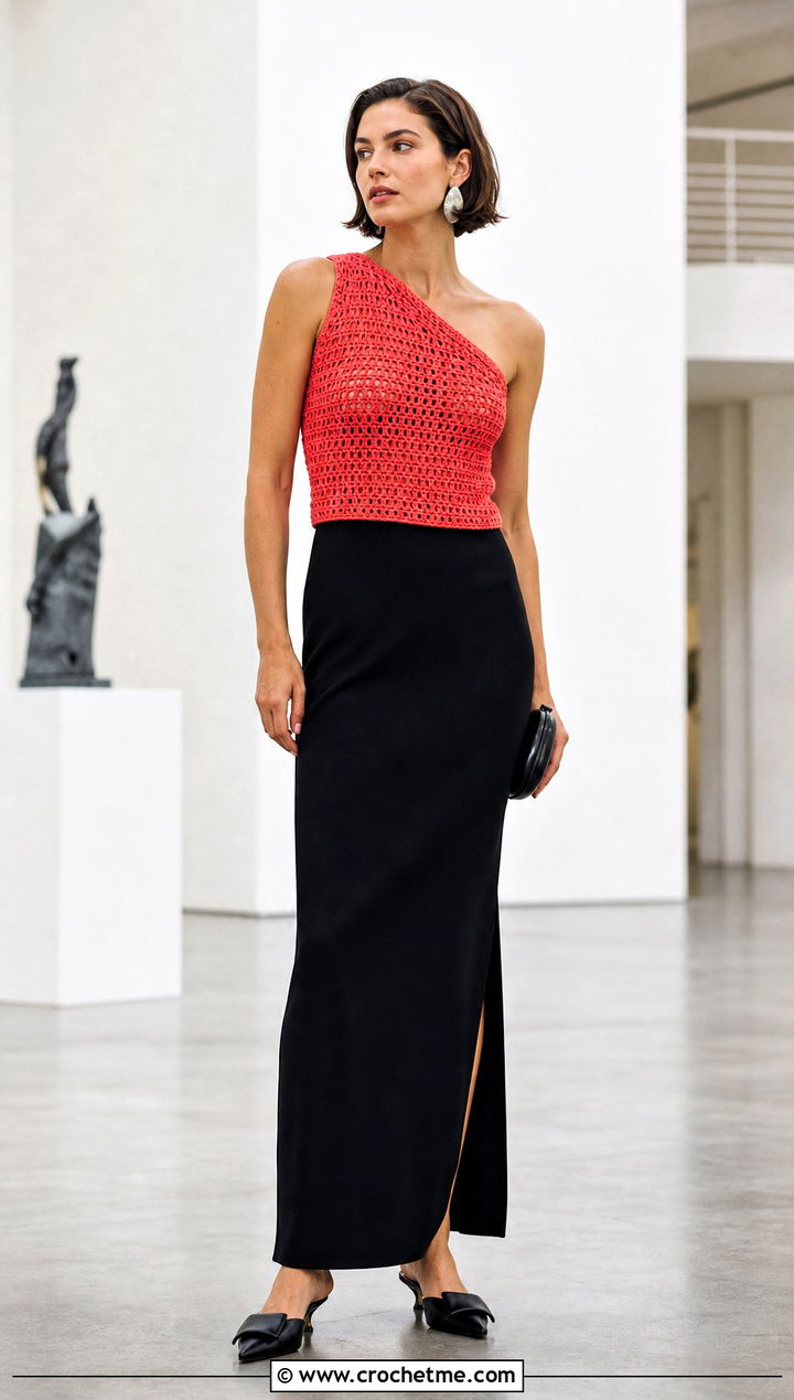 Crochet One Shoulder Top With Column Skirt - 25 cute easy crochet tops outfit ideas