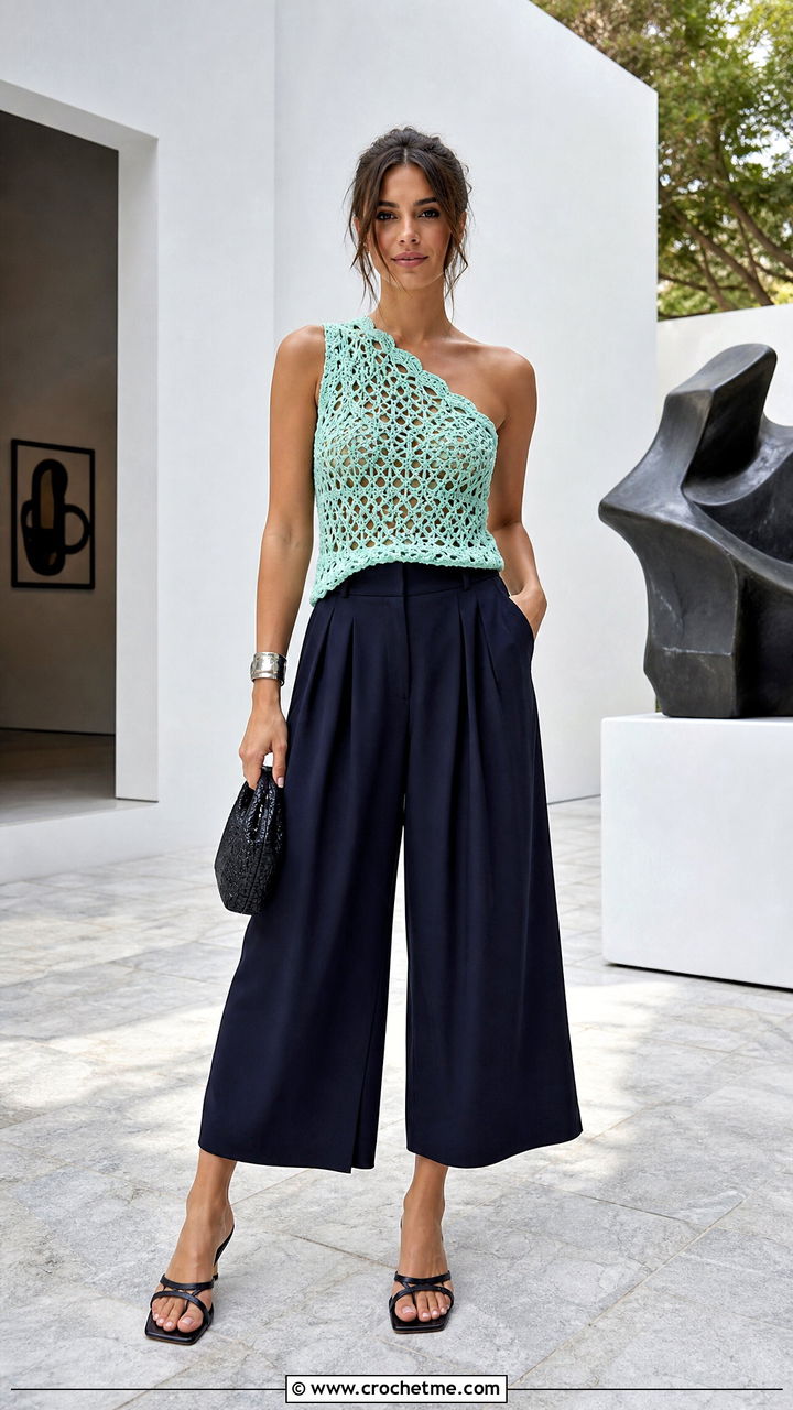 Crochet One Shoulder Top With Navy Culottes - 35 crochet summer tops for women outfit ideas